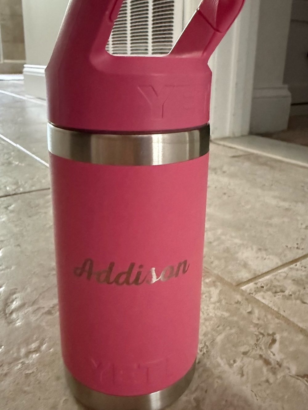 Yeti Pink Insulated Water Bottle with Addison Name Engraving